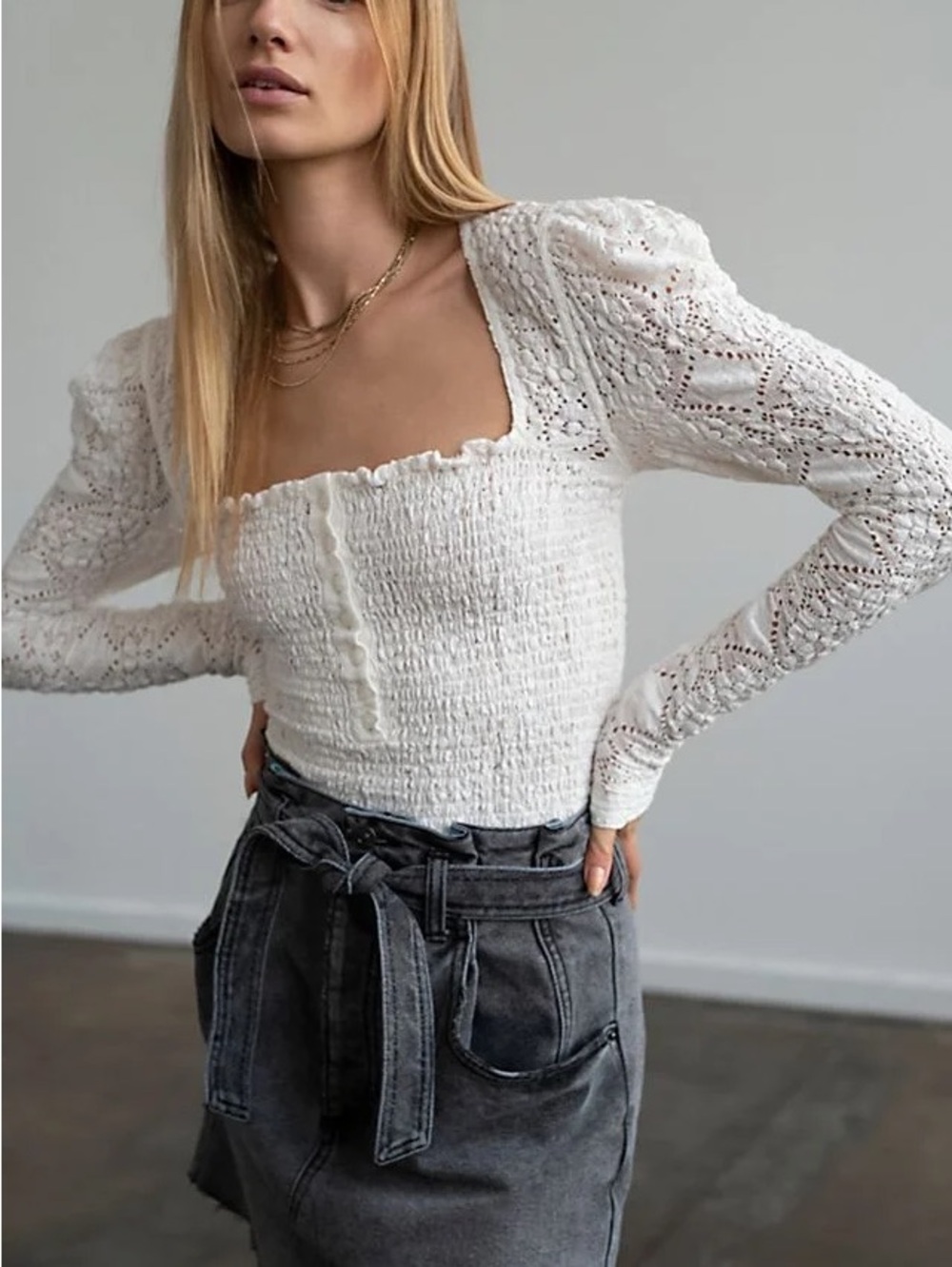 Free People White Smocked Lace Long-Sleeve Square Neck Top